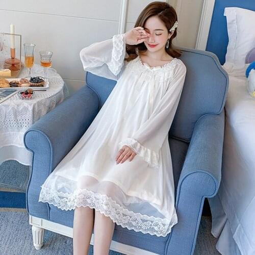 Womens Home Clothes New Net Yarn Lace Long Dress Spring Autumn Nightgowns Large Size Loose Ladies Nightshirt Vestidos Mujer