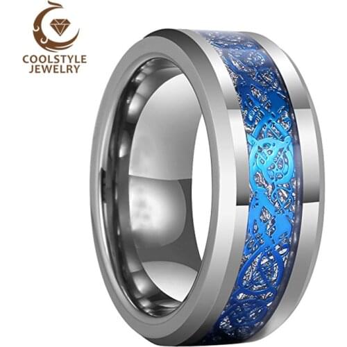 8MM Mens Wedding Band Womens Tungsten Carbide Engagement Ring With Blue Dragon And Imitated Meteorite Inlay