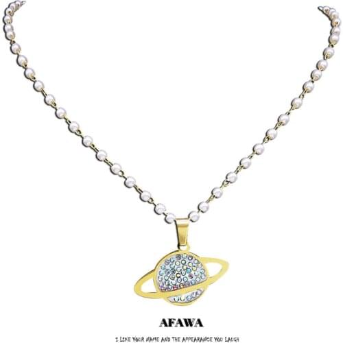 Stainless Steel Crystal Universe Planet Star Pendant Necklace Gold Color Imitation Pearls Necklaces Jewelry collar N4900S01