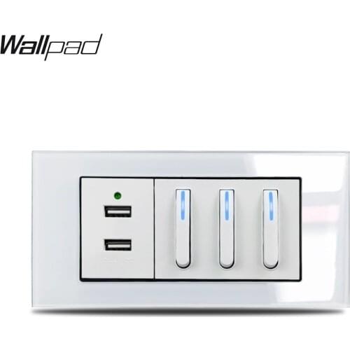 153*75mm Piona 3 Switch and USB Socket Wallpad L3 White Glass Panel 16A 2 USB Power Charger and 3 Push Switch with LED Indicator