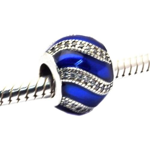 925 Sterling Silver Transparent Blue Enamel & Clear CZ Adornment Charm Beads Fits Pandora Bracelet Women Jewelry kralen