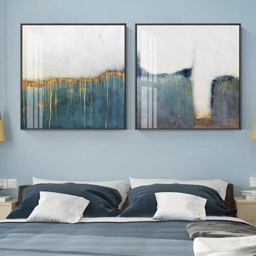Abstract Vintage Hazy Blue Matt Gold Canvas Painting Wall Art Print Poster Picture Living Room Home Interior Decoration No Frame