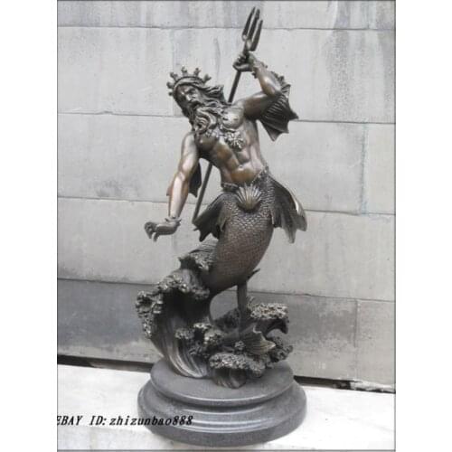 14" Greco ART Greek mythology Bronze STATUE SEA King Poseidon Sculpture Garden Decoration 100% real Brass Bronze