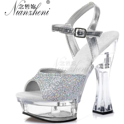 14cm Super High Stripper Heeled Pole Dance Shoes Sweet Elegant Party Dress Women Platform Sandals 6 Inches Flash Powder Glitter