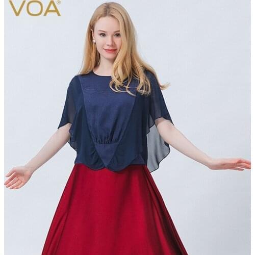 VOA Silk Jacquard Round Neck One Button Plain Picturesque Sleeveless Fold Georgette Mosaic Printed Cloak T-shirt Female BE772