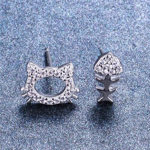 Funny Female Cat Fish Zircon Stud Earrings Unique Style Party Wedding Earrings Fashion Sterling Silver Earrings For Women