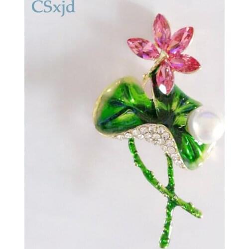 CSxjd Exquisite Crystal Simulated Pearl Brooch Enamel Lotus Flower Brooches For Womens Bijoux