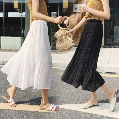 2019 Spring Summer Women Chiffon Long Skirt Fashion Elegant A-Line Pleated Skirt Elastic High Waist Skirts Casual Maxi Skirt