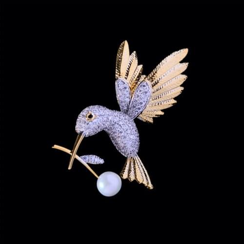 Cute Woodpecker Brooches for Women Fashion Zircon Pearl Golden Hummingbird Brooch Badge Pins Jewelry Accessories Christmas Gifts