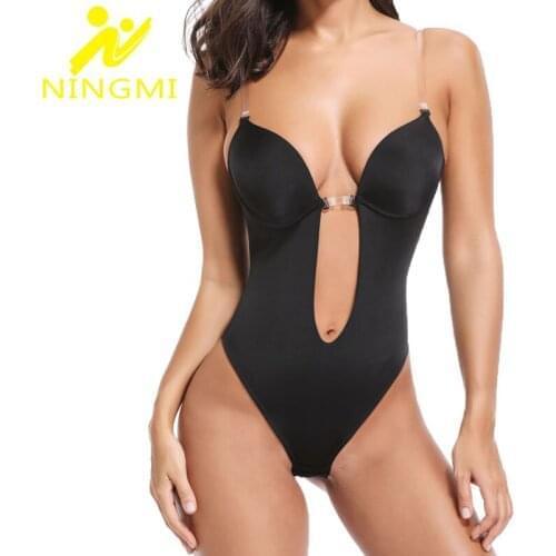 NINGMI Women U Plunge Body Shaping Bodysuit Shaper Sexy Cup Bra Wedding Body Shaper Waist Trainer Full Slip Underwear