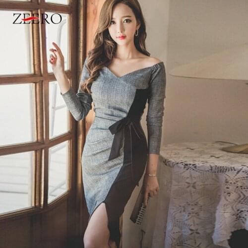 2020 Spring Autumn Female V-Neck Strapless Sexy Fashion Dress Woman Long Sleeve Belt High Waist Bifurcation Midi Bodycon Dresses