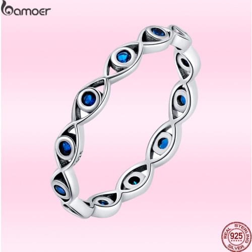 Bamoer New Lucky Eye Ring 925 Sterling Silver Clear CZ Round Finger Rings For Women & Girls Cassic Wedding Statement Jewelry