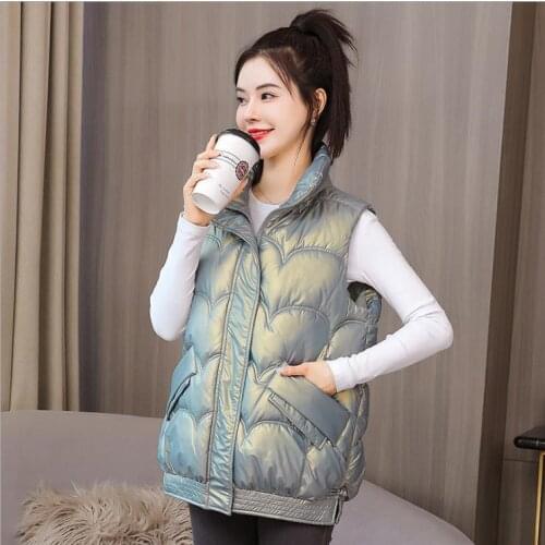 Shiny Winter Vest Women Zipper Stand Collar Pockets Ladies Causal Sleeveless Jacket Waistcoat For Female Sexy Cotton Tops K1506