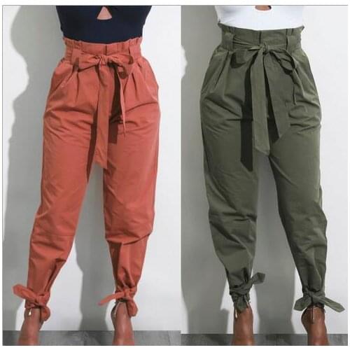 Solid color bandage high waist loose wild casual pants with waist belt Ankle -length Trouser Women Clothing Pencil Pants