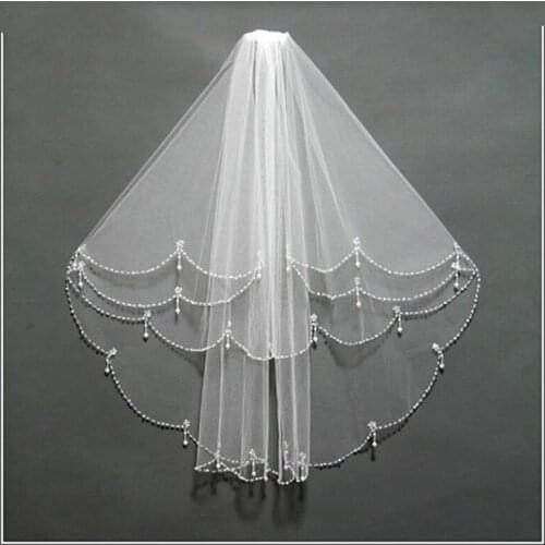 Beading Edge Wedding Bridal Veil White Ivory Bride Veils Two Layers Elbow Length Veil
