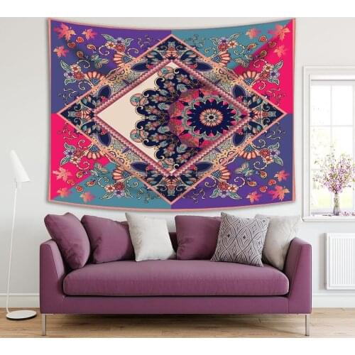 Tapestry Unique Ornamental Pattern with Flowers Leaves Ethnic Traditional Motifs Colorful Floral Art Purple Pink Blue