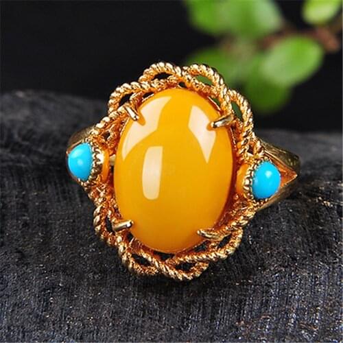 Retro ethnic style beeswax ring natural full honey chicken butter yellow old beeswax amber ring opening blue turquoise ring