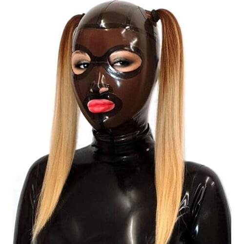 Latex Hood Mask Brown Holiday Rubber Full Face Mask Open Eyes Double Holed Ponytail Latex Mask