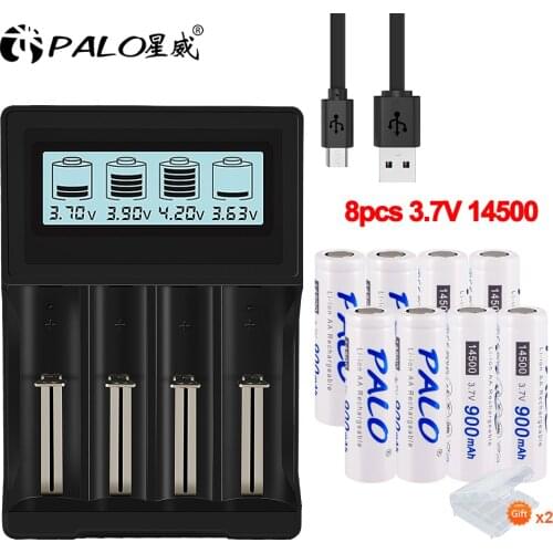 Palo 3.7V li-ion battery charger for 14500 18650 18500 16350 battery+3.7V 14500 AA lithium rechargeable 14500 battery 900mah