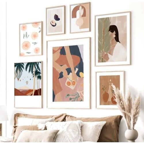 Fashion Woman Vase Wall Art Fig Orange Lemon Canvas Painting Coconut Tree Hot Air Balloon Poster and Prints Pictures Home Decor