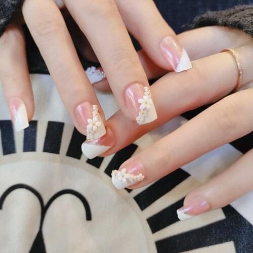 24pcs Flower Printed Nails Patch Square Head Glue Type Mid Length Paragraph Fashion Removable Manicure False Nails Patch Nail Ar