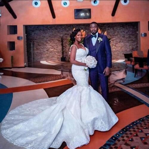 Nigeria Mermaid Wedding Dresses Spaghetti Straps Crystal Beaded Tiered Ruffles Court Train Custom Plus Size Formal Bridal Gowns