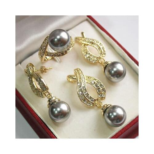 Nobility Lucky womens natural Shell Pearl AAA 12mm Gray Shell Pearl Pendant Necklace Earrings Ring Set 033 hook
