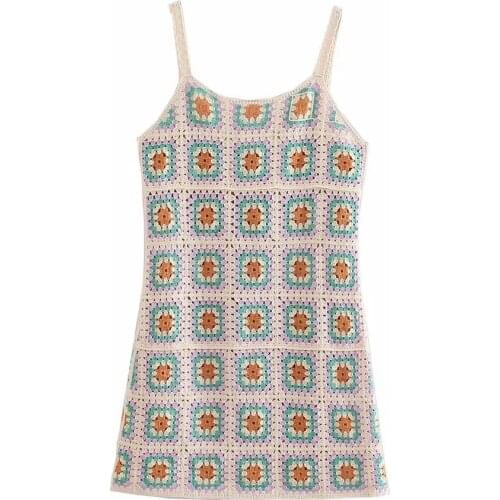 Za New Sexy Suspenders Low Chest Open Back Side V Neck Retro HollowedOut Crochet Mini Dress Suspender Party Skirt Women XITIMEAO