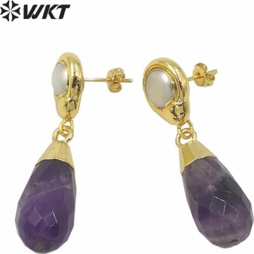 WT-E634 Wholesale gold electroplated drop stone earrings fashion dangle water drop a methyst stone with pearl studs earrings