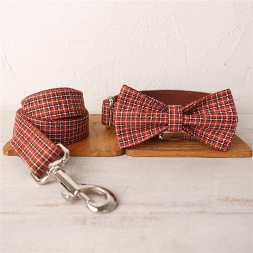 Plaid Dog Collar With Bow Personalized Soft Padded Dog Collar and Leash Set for Small Medium Large Dog Fully Adjustable Pet Gift
