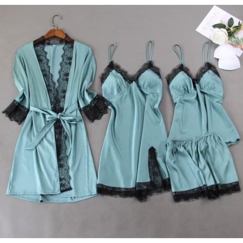 Pajamas Set Sexy Womens Strap Pijamas 4PCS V-Neck Nightdress Robe Gown Lady Sleep Suit Sleepshirt Kimono Negligee Home Clothing