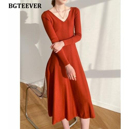BGTEEVER Vintage V-neck Slim Waist Female A-line Knitted Dress Long Sleeve Solid Ladies Sweater Vestidos 2021 Autumn Women Dress