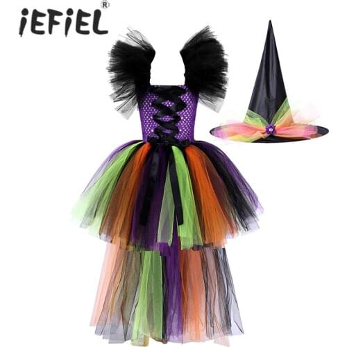 Girls Halloween Witch Tutu Dress High-Low Hem Mesh Kids Carnival Cosplay Party Dress Children Fancy Ball Gown Dress Costume