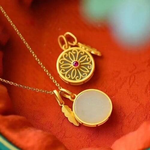 S925 Sterling Silver Gold-Plated Natural Hetian Jade White Jade Graceful Personality Niche Peace Buckle Jade Pendant Necklace Fe