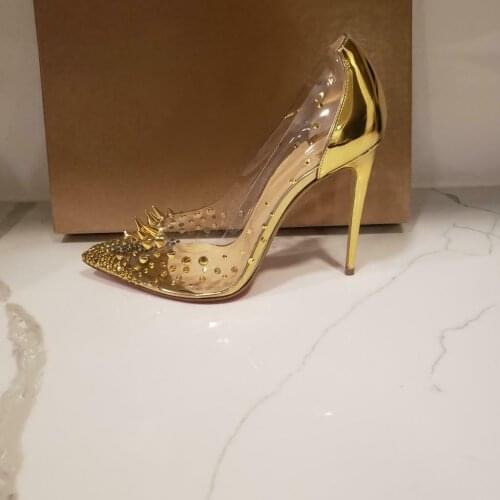 Free shipping fashion women pumps sexy lady gold spikes pvc point toe high heels shoes stiletto stripper Heels 12cm 10cm 8cm