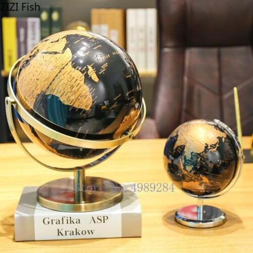 European Luxury Black Gold Rotating 3D World Globe Metal Ornaments Exquisite Geographic Globe Map Birthday Gift Home Decoration
