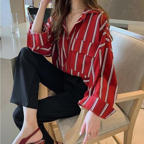 Women Spring Summer Style Loose Blouses Shirts Lady Casual Striped Printed Turn-down Collar Long Sleeve Blusas Tops DD9135