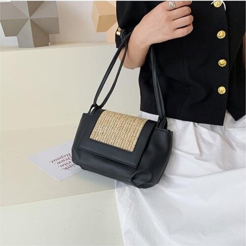 Women Shoulder Bag Patchwork Cross-body Ins Fashion Straw Package Square Portable Mobile Phone Black White