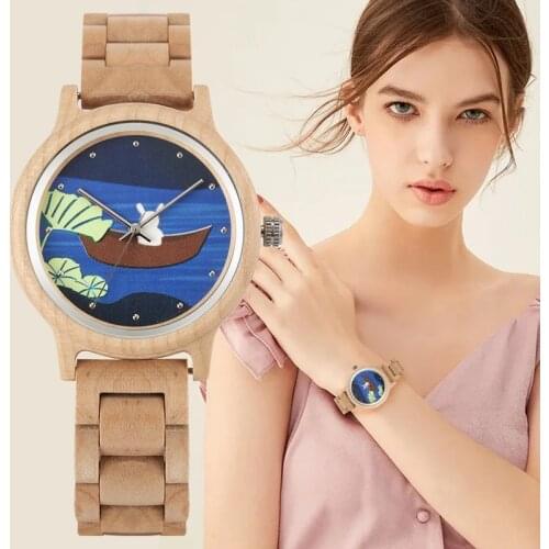 Lotus Leaf Pattern Women Blue Dial Watches Wooden Clock Simple Bamboo Wood Adjustable Bangle Wrist Womens Watch with Watch Tool