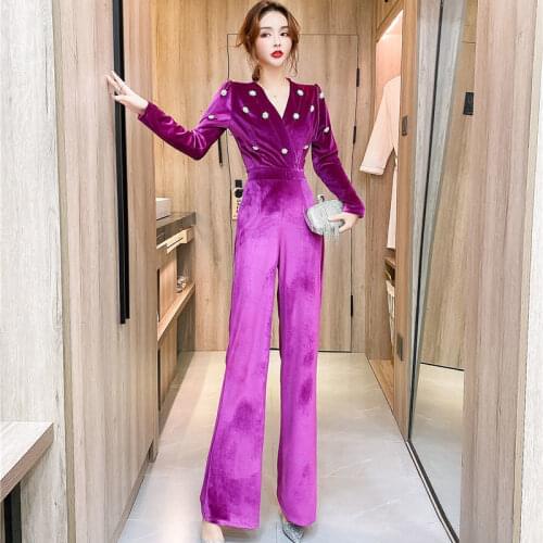 Women 2021 Spring Autumn Jumpsuits Female V-Neck Long Sleeve Gold Velvet Jumpsuit Ladies Wide Leg Long Trousers Overalls Y184