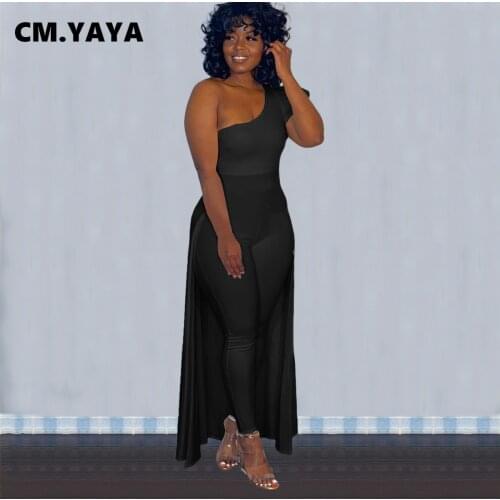 CM.YAYA Women Jumpsuit Solid One Shoulder Short Sleeve Stretchy Jumpsuits Sexy Fashion One Piece Overalls Summer Outfits 2021