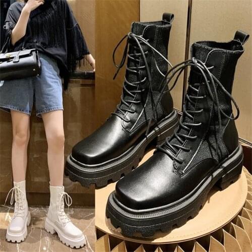 2021 New Classic Leather Stretch Fabric Patchwork Women Ankle Boots Fashion Square Heel Lace-Up Chunky Platform Martin Boots