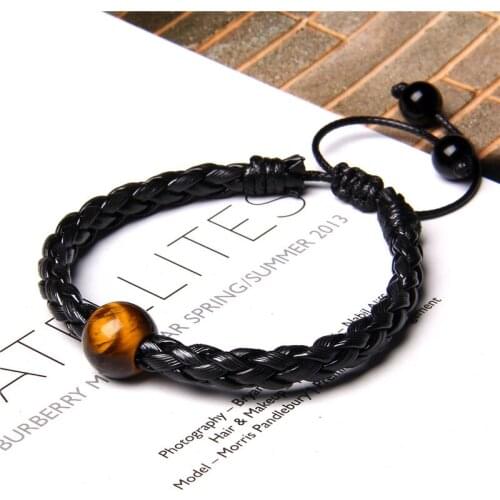 Handmade Black Leather Braided Bracelet 12mm Round Tiger Eye Stone Beads Charm Bracelet for Women Men Energy Jewelry Gifts
