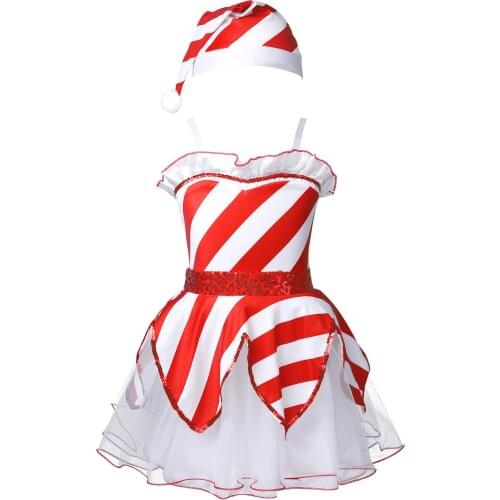 Kids Adjustable Straps Sequin Striped Tutu Xmas Dress with Hat Children Stage Performance Outfit Girls Christmas Costume