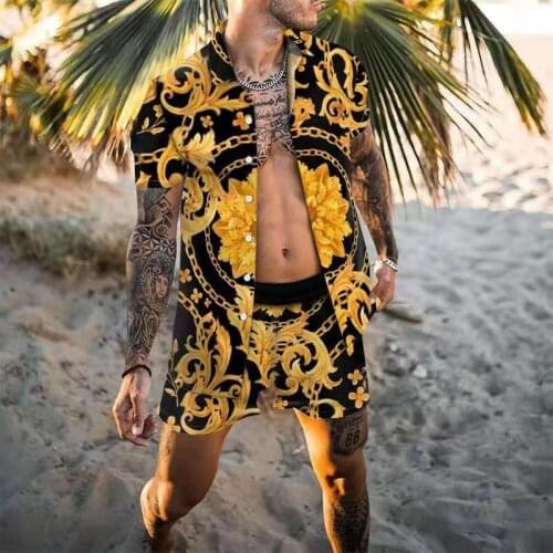 Printing National Style Hawaiian Mens Short Sleeve Set Summer Casual Floral Shirt Beach Two Piece Suit 2021 New Fashion Men Sets