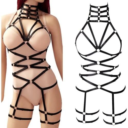 Black Bra Harness Set Tops Neck Straps Hollow Out High Waist Garter Belt Sexy Lingerie Plus Size Elastic Punk Goth Dance Rave