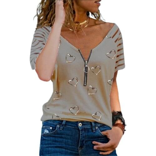 Short Spring Autumn Women Casual Tops Long Sleeve V Neck Heart Print Pullover Sheer Mesh Zipper Design T-shirt Plus Size 2021