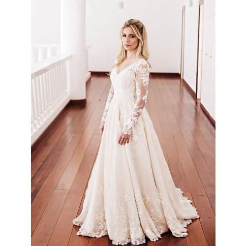 Lace Long Sleeve Wedding Dresses 2020 New Classic Design Handmade Appliques V Neck A Line Sweep Train Bridal Gowns Custom Size
