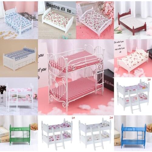 1:12 Dollhouse Miniature Wooden Bed With Pillow Or Bunk Bed Doll House Bedroom Furniture Doll House Accessories New