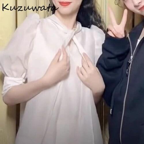 Kuzuwata 2021 Summer New Design Womens Blusas Half High Collar Lantern Sleeve Bow Bandage Solid Shirts Office Lady Blouses